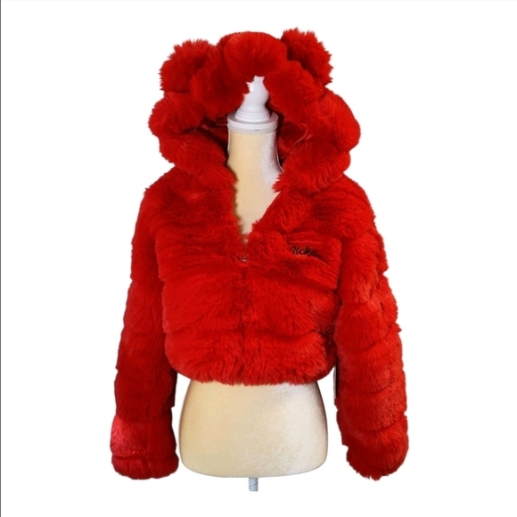Forever 21 x Disney Mickey Mouse Faux Fur Cropped Red Hooded Puffer Jacket Small - Picture 1 of 14